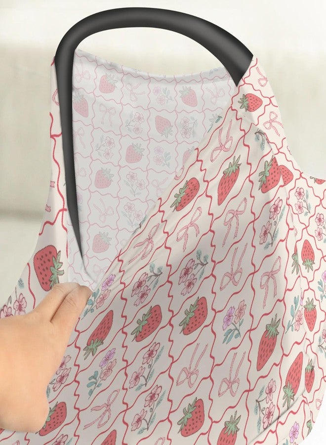 ZoUbqchY Boho Strawberry Flowers Car Seat Cover for Baby Strawberries Pink Bows Checkerboard Stretchy 5-in-1 Cover Adjustable Car Canopy Cover Summer Fruit Breathable Nursing Cover-Up - Image 4